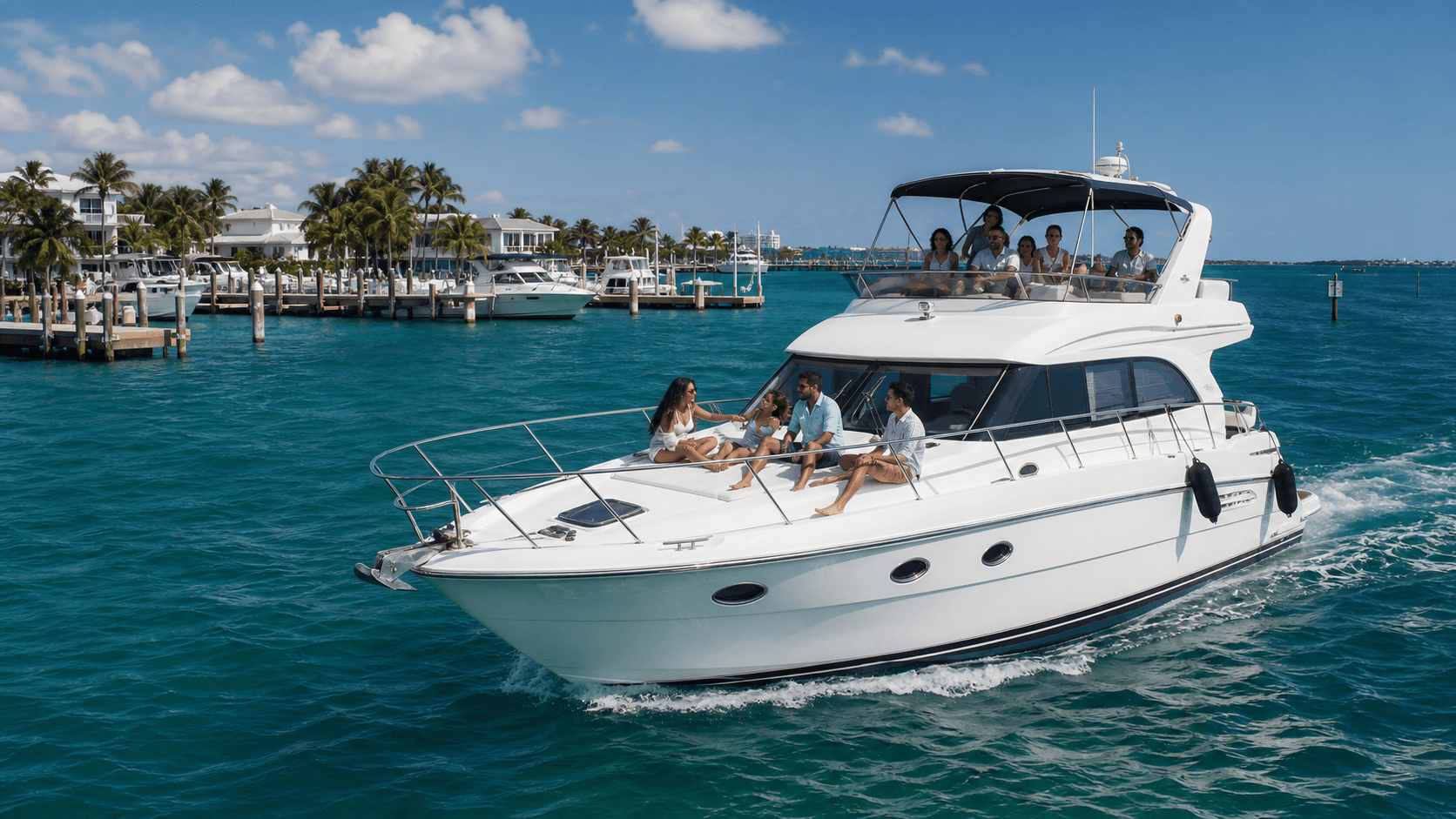 Friends setting out from a marina on a motor yacht